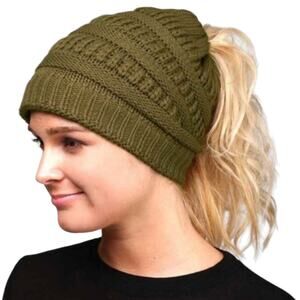 Boutique New olive green ponytail knit beanie